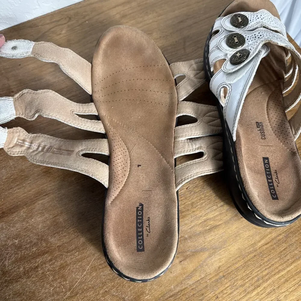 Clarks White Sandals Size 9 Leisa Grace Tri-Strap Hook Loop Open Easy On Shoes - Picture 2 of 11